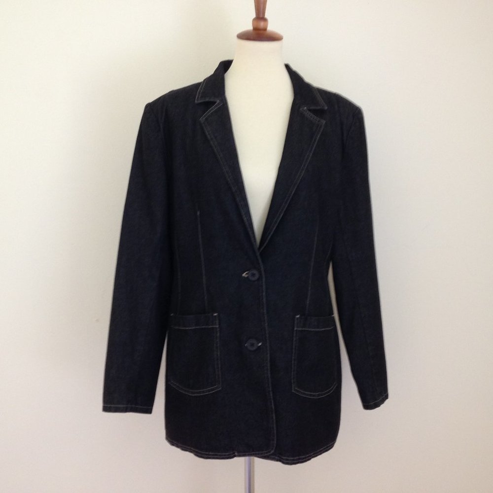 Denim & Co. Black Denim Boyfriend Blazer Jacket L